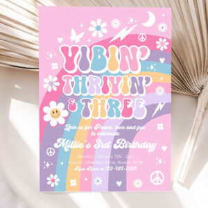 editable vibin thrivin and three 3rd birthday invitation pink purple blue groovy rainbow party hippie 70s birthday 5