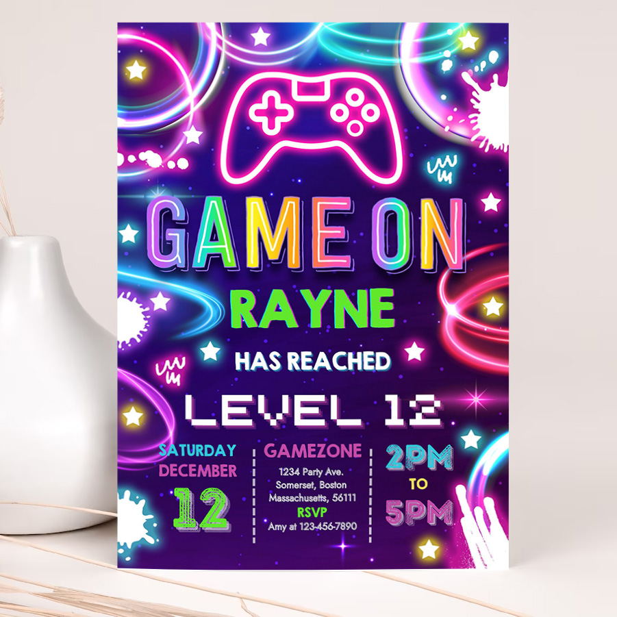 editable video game birthday invitation gamer girl birthday party neon game on level up birthday party glow gamer party 2