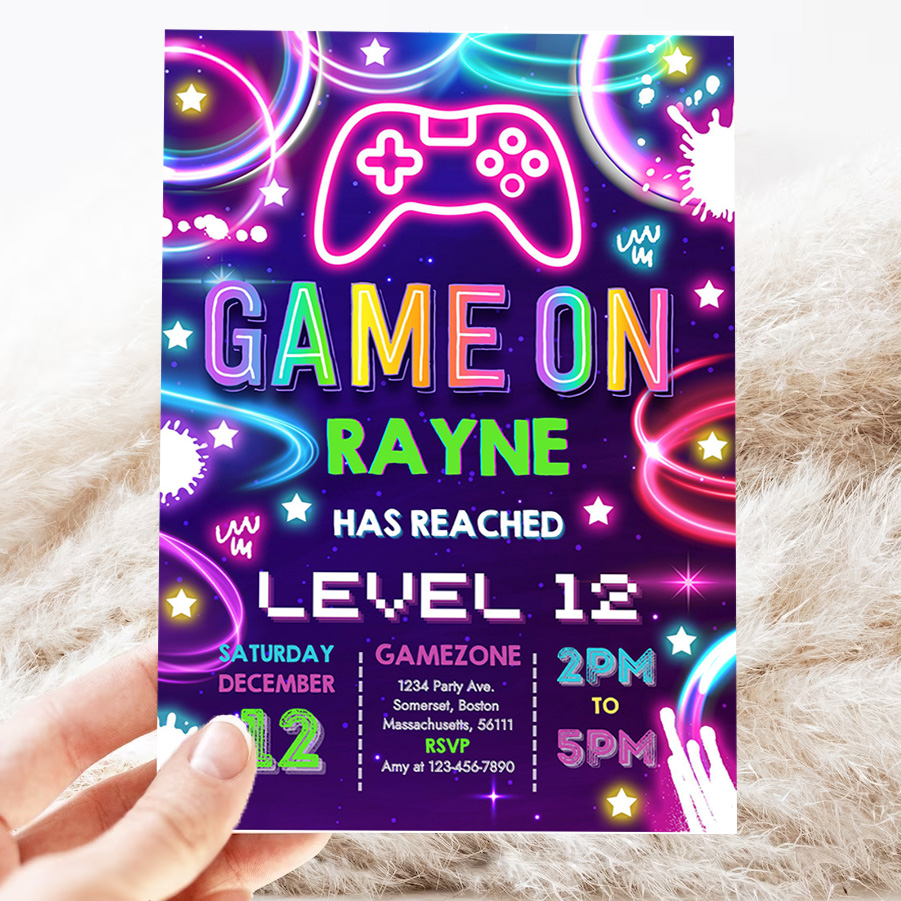 editable video game birthday invitation gamer girl birthday party neon game on level up birthday party glow gamer party 3