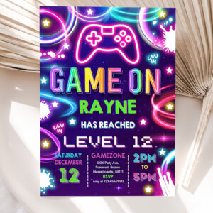 editable video game birthday invitation gamer girl birthday party neon game on level up birthday party glow gamer party 5