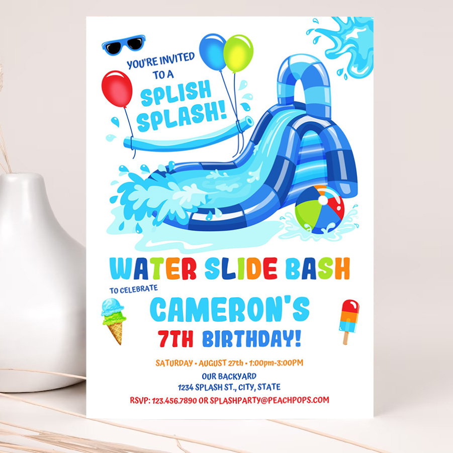 editable water slide birthday splash party invitation blue waterslide bash boy or girl printable invite 2