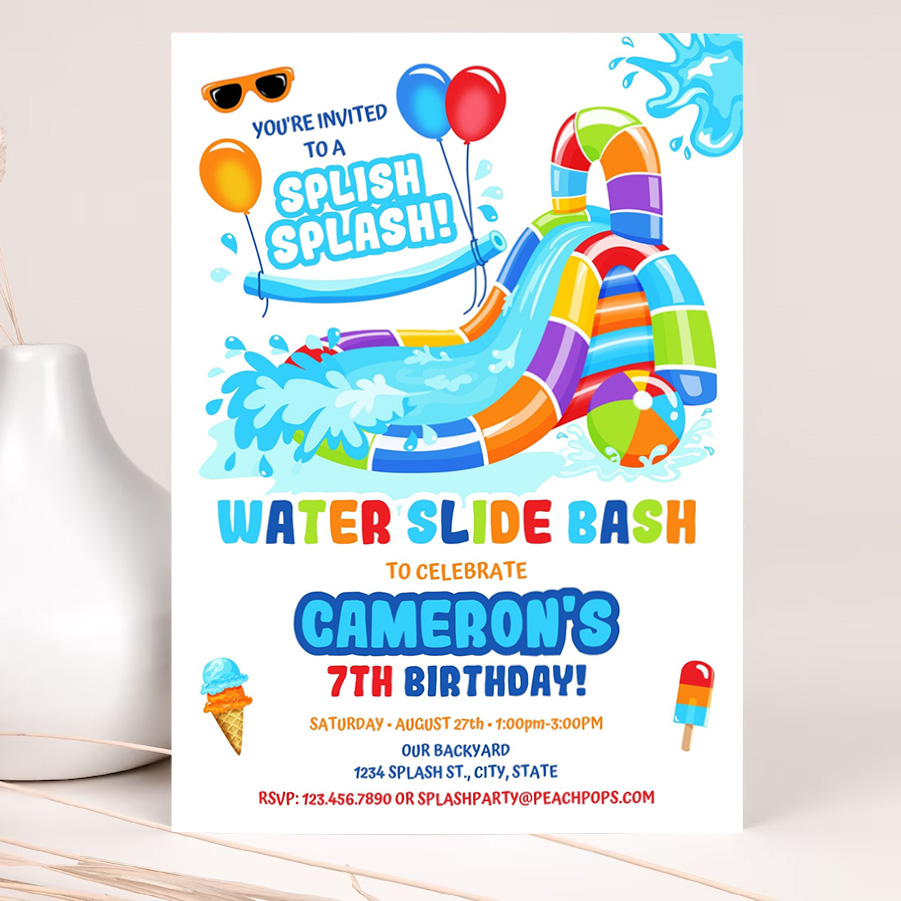 editable water slide birthday splash party invitation orange red blue waterslide bash boy or girl digital printable invite 2