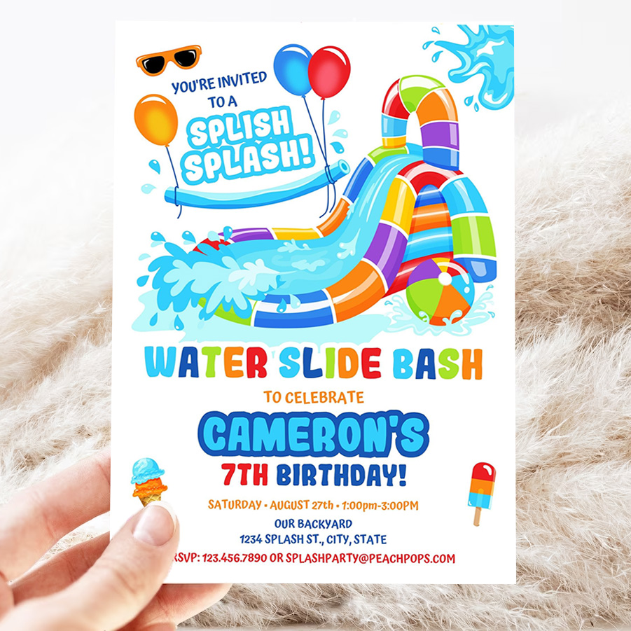 editable water slide birthday splash party invitation orange red blue waterslide bash boy or girl digital printable invite 3