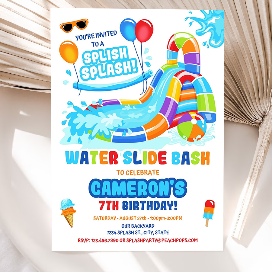 editable water slide birthday splash party invitation orange red blue waterslide bash boy or girl digital printable invite 5