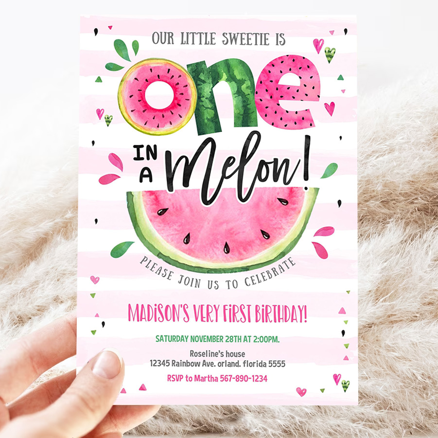 editable watermelon invitation birthday invitations pink watermelon party one in a melon 1st birthday party invite 3