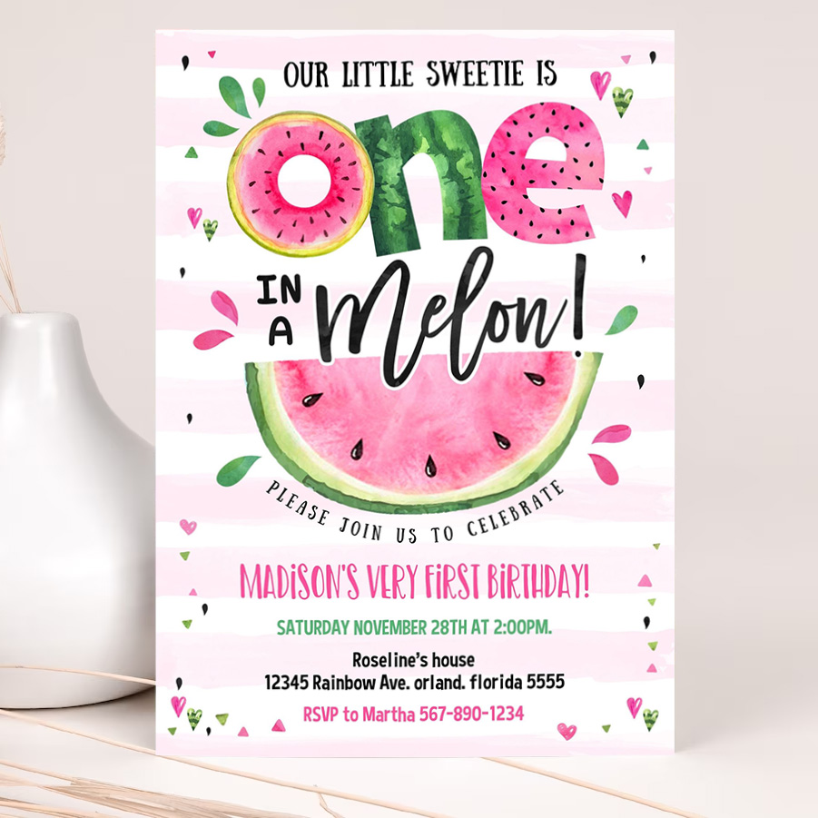 editable watermelon invitation birthday invitations pink watermelon party one in a melon 1st birthday party invite instant download 3