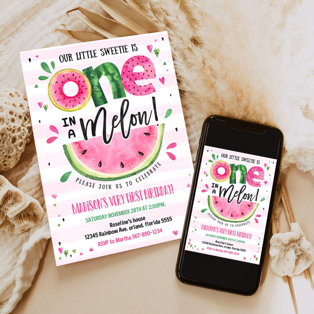 editable watermelon invitation birthday invitations pink watermelon party one in a melon 1st birthday party invite instant download 6