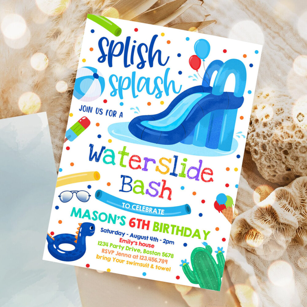 editable waterslide birthday party invitation water slide bash summer pool party boy blue pool party bbq pool party 1