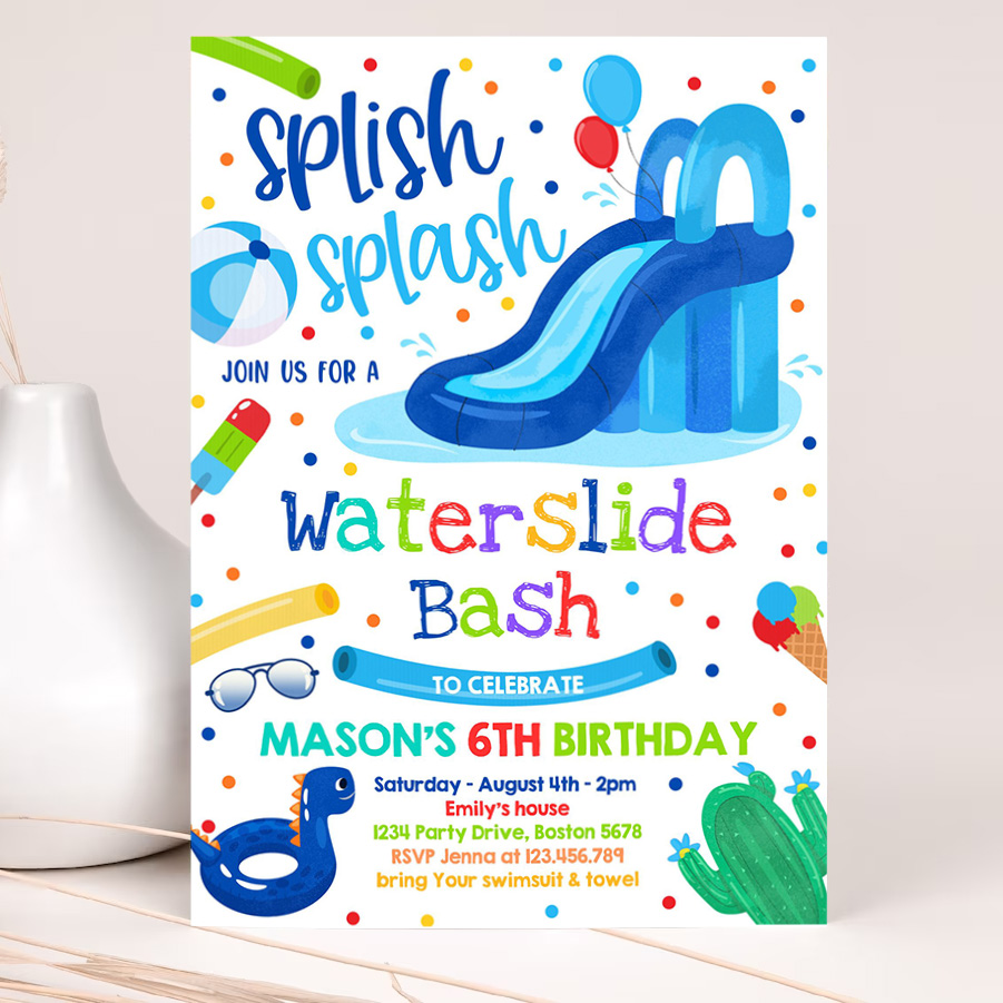 editable waterslide birthday party invitation water slide bash summer pool party boy blue pool party bbq pool party 2