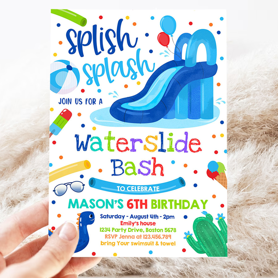 editable waterslide birthday party invitation water slide bash summer pool party boy blue pool party bbq pool party 3