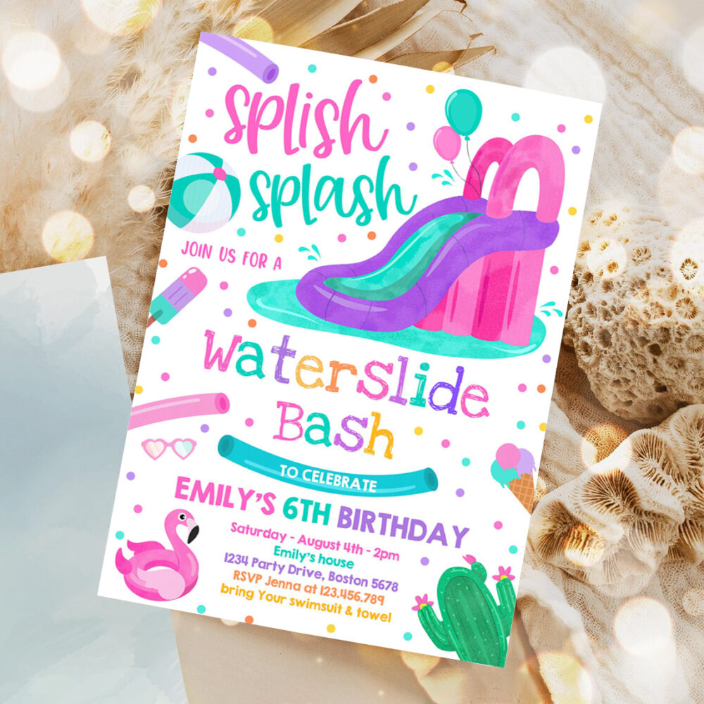 editable waterslide birthday party invitation water slide bash summer pool party girly pink pool party bbq pool party 1