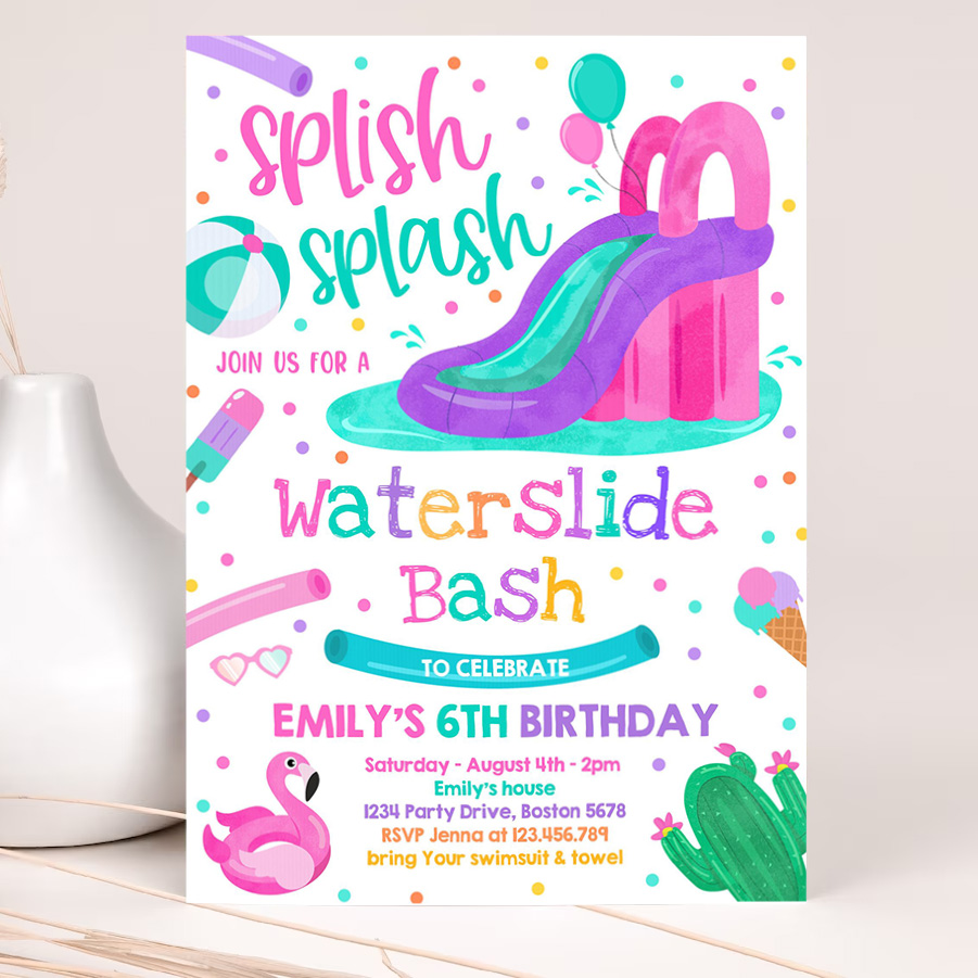 editable waterslide birthday party invitation water slide bash summer pool party girly pink pool party bbq pool party 2