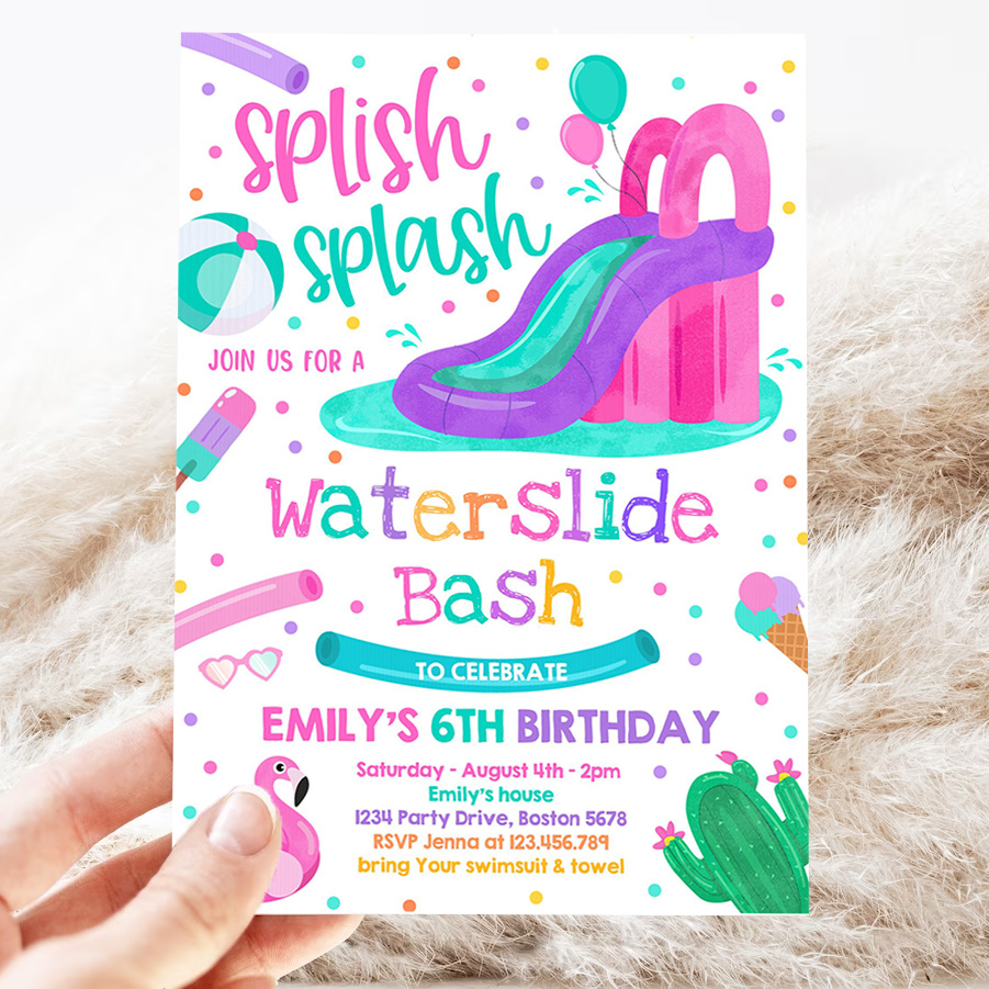 editable waterslide birthday party invitation water slide bash summer pool party girly pink pool party bbq pool party 3