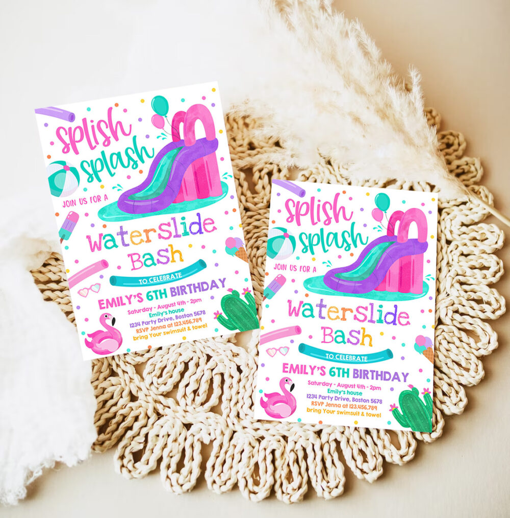 editable waterslide birthday party invitation water slide bash summer pool party girly pink pool party bbq pool party 7