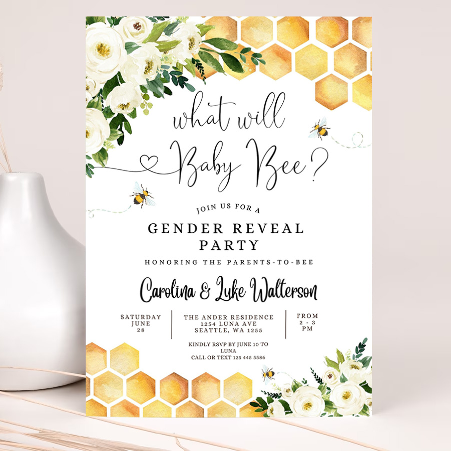 editable what will baby bee gender reveal party baby bee invitation gender neutral invite printable template 2