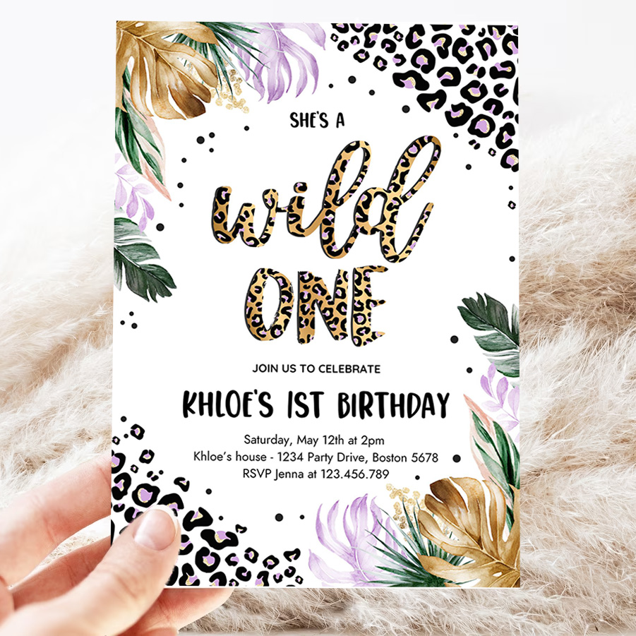 editable wild one leopard print jungle birthday party invitation leopard print wild one 1st birthday party 3
