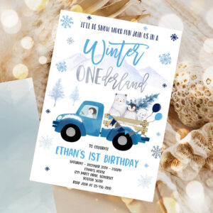 editable winter onederland invitation winter blue truck 1st birthday penguin polar bear winter onederland party 1