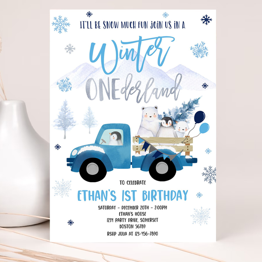 editable winter onederland invitation winter blue truck 1st birthday penguin polar bear winter onederland party 2