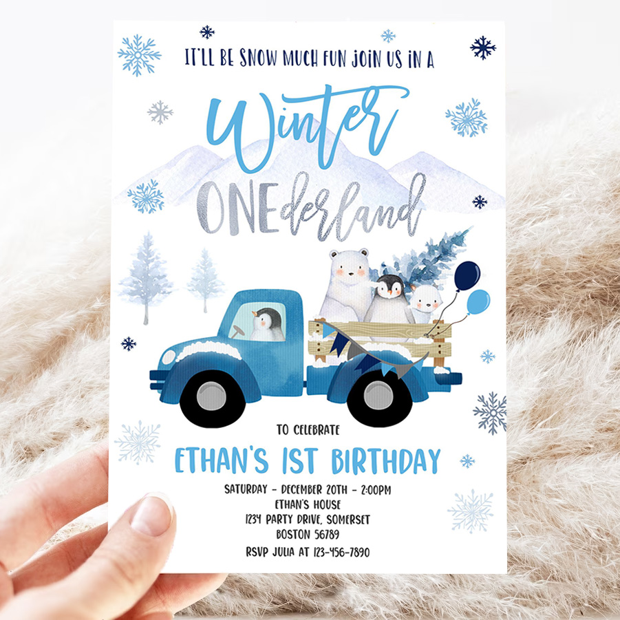 editable winter onederland invitation winter blue truck 1st birthday penguin polar bear winter onederland party 3