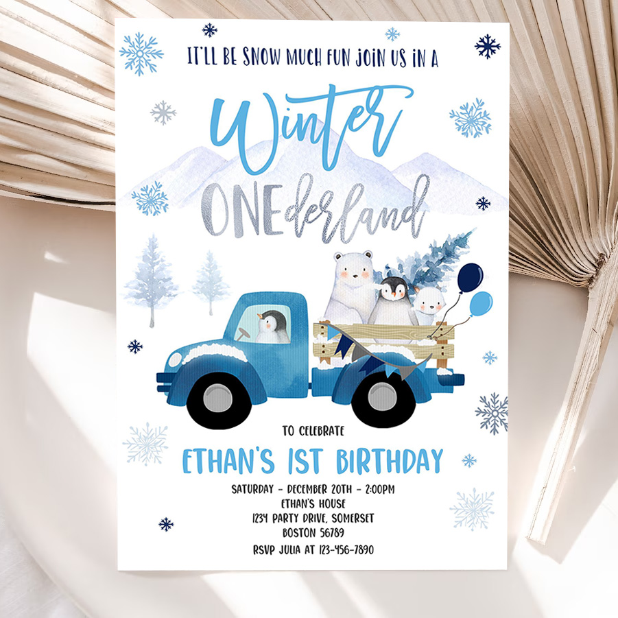editable winter onederland invitation winter blue truck 1st birthday penguin polar bear winter onederland party 5