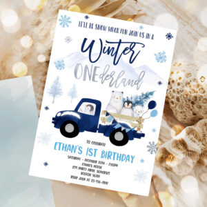 editable winter onederland invitation winter navy blue truck 1st birthday penguin polar bear winter onederland party 1