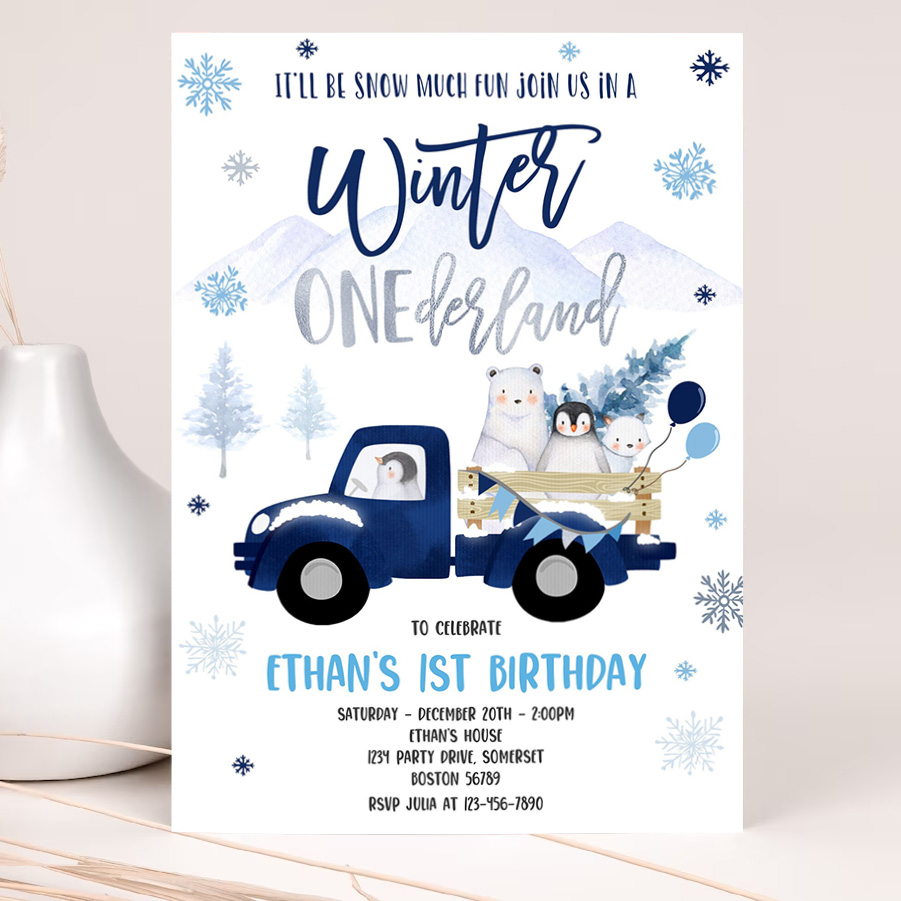editable winter onederland invitation winter navy blue truck 1st birthday penguin polar bear winter onederland party 2