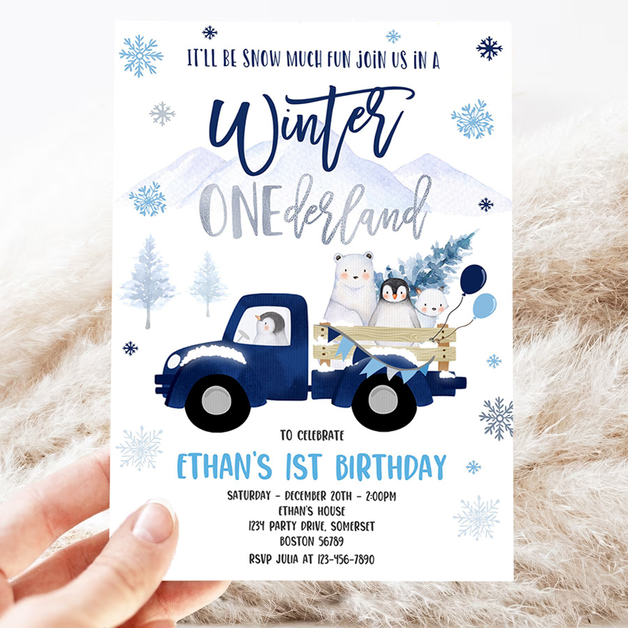 editable winter onederland invitation winter navy blue truck 1st birthday penguin polar bear winter onederland party 3