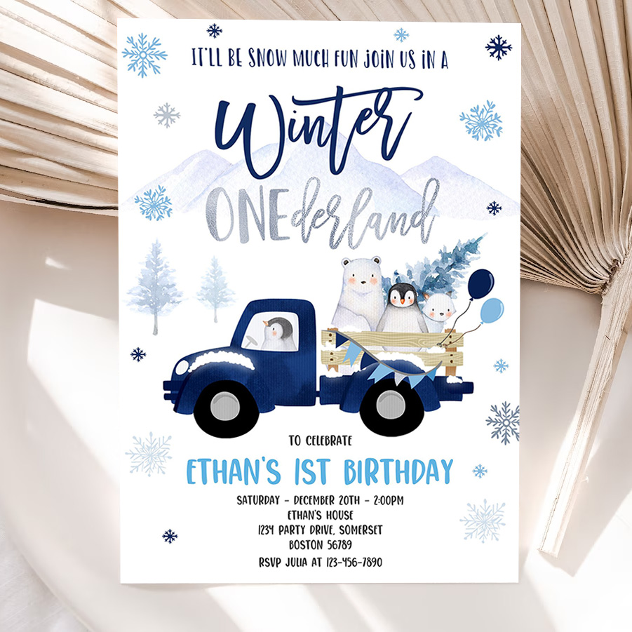 editable winter onederland invitation winter navy blue truck 1st birthday penguin polar bear winter onederland party 5