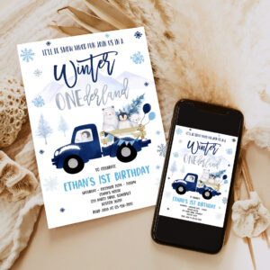 editable winter onederland invitation winter navy blue truck 1st birthday penguin polar bear winter onederland party 6