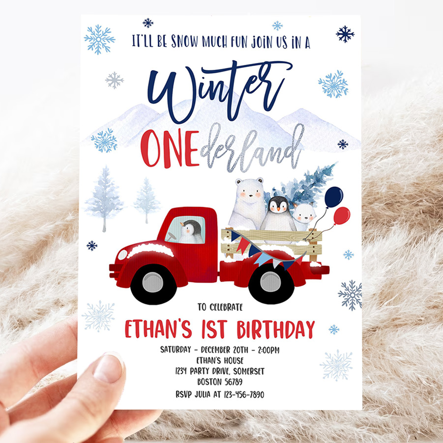 editable winter onederland invitation winter red truck 1st birthday penguin polar bear winter onederland party 3