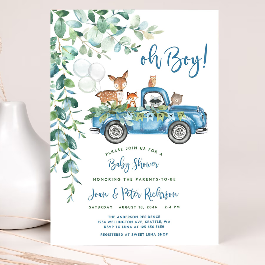 editable woodland blue truck baby shower invitation boy blue pickup truck greenery woodland animal bear invite 2