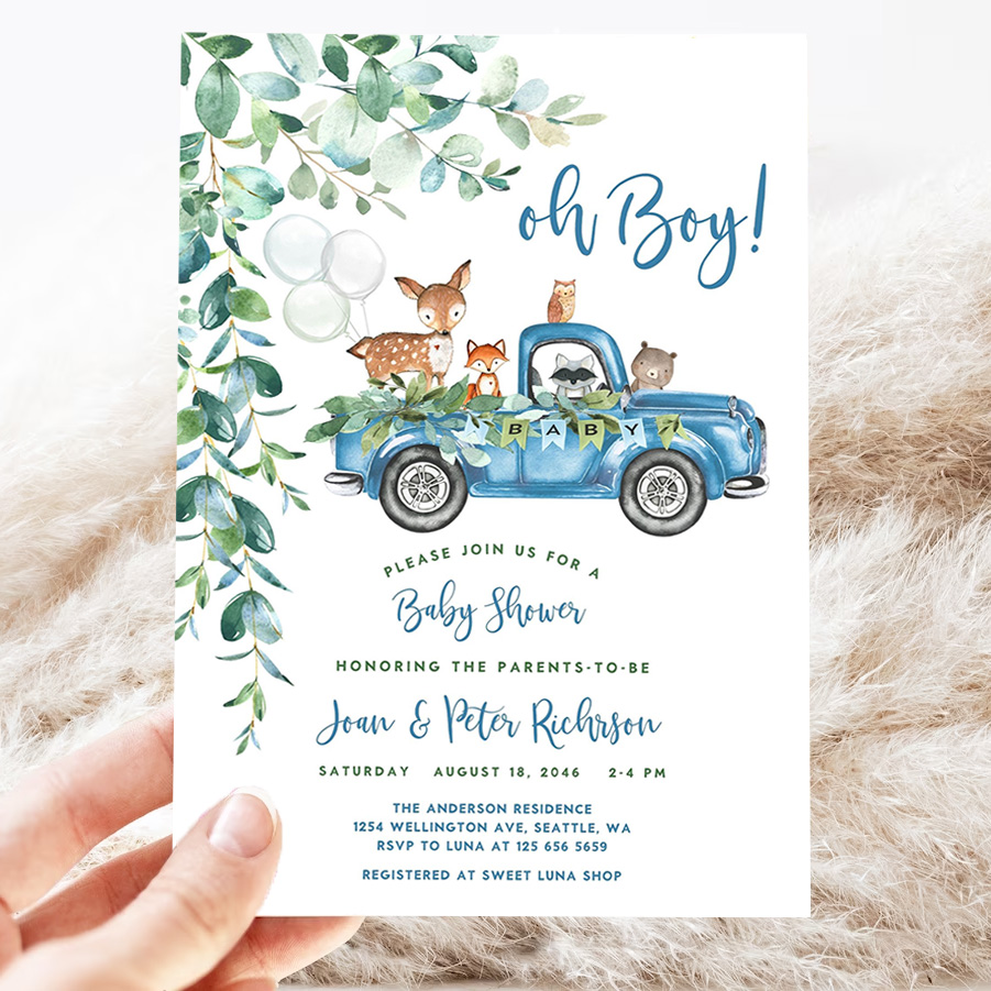 editable woodland blue truck baby shower invitation boy blue pickup truck greenery woodland animal bear invite 3