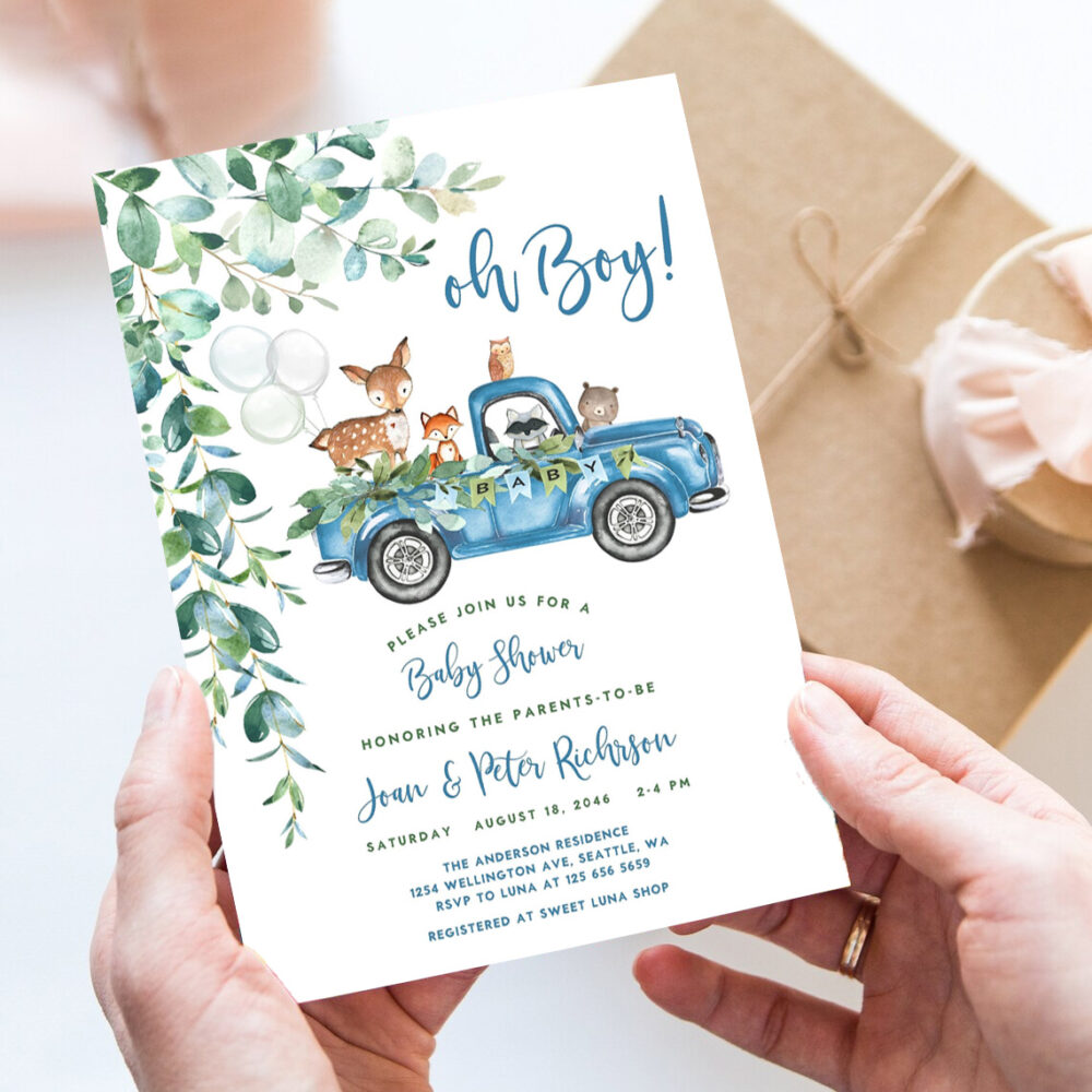 editable woodland blue truck baby shower invitation boy blue pickup truck greenery woodland animal bear invite 7