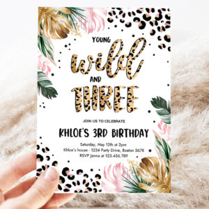 editable young wild and three leopard print jungle birthday party invitation leopard print wild and three birthday party template 3