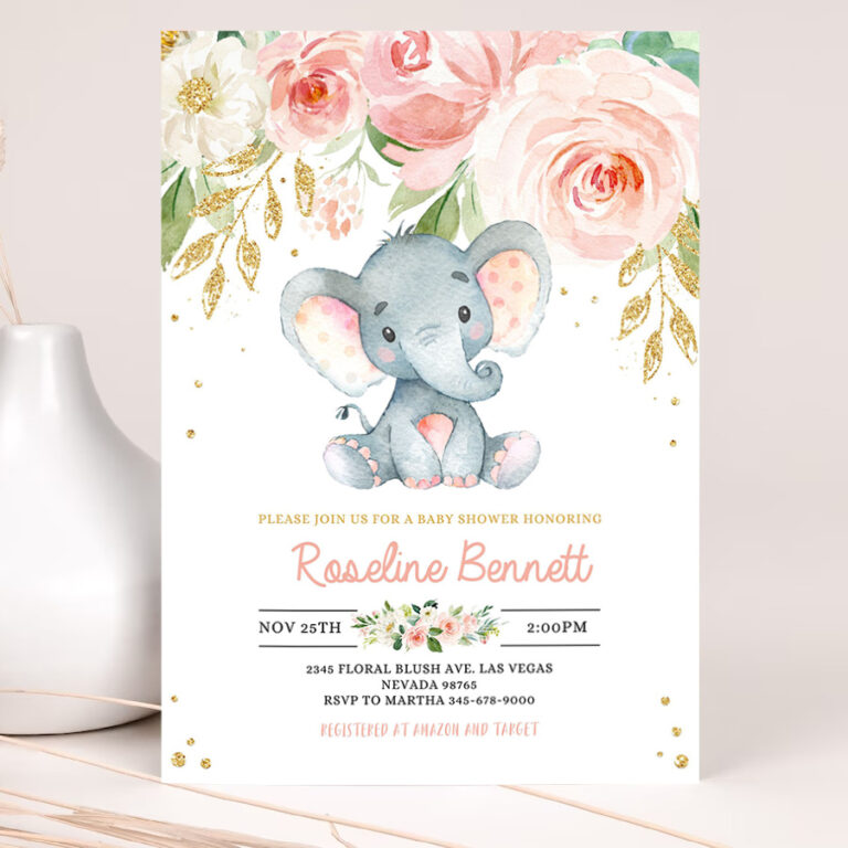 elephant baby shower invitation girl editable pink and gold shower invitations jungle safari shower invite floral flower 2