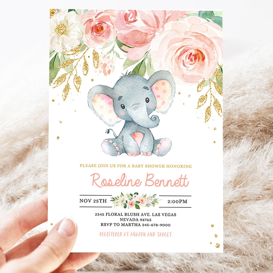 elephant baby shower invitation girl editable pink and gold shower invitations jungle safari shower invite floral flower 3
