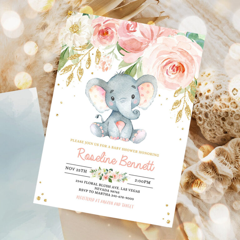 elephant baby shower invitation girl editable pink and gold shower invitations jungle safari shower invite floral flower 5