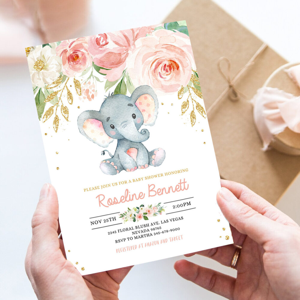 elephant baby shower invitation girl editable pink and gold shower invitations jungle safari shower invite floral flower 7