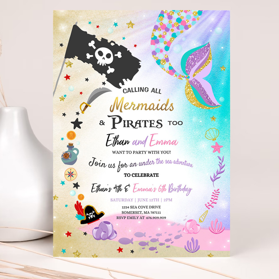 mermaid and pirate birthday invitation sibling mermaid pirate invite sibling mermaid pirate party invitation 2