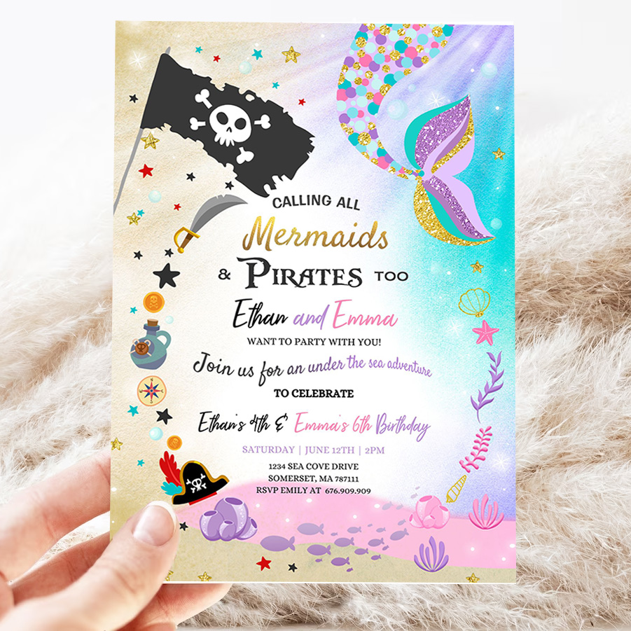 mermaid and pirate birthday invitation sibling mermaid pirate invite sibling mermaid pirate party invitation 3
