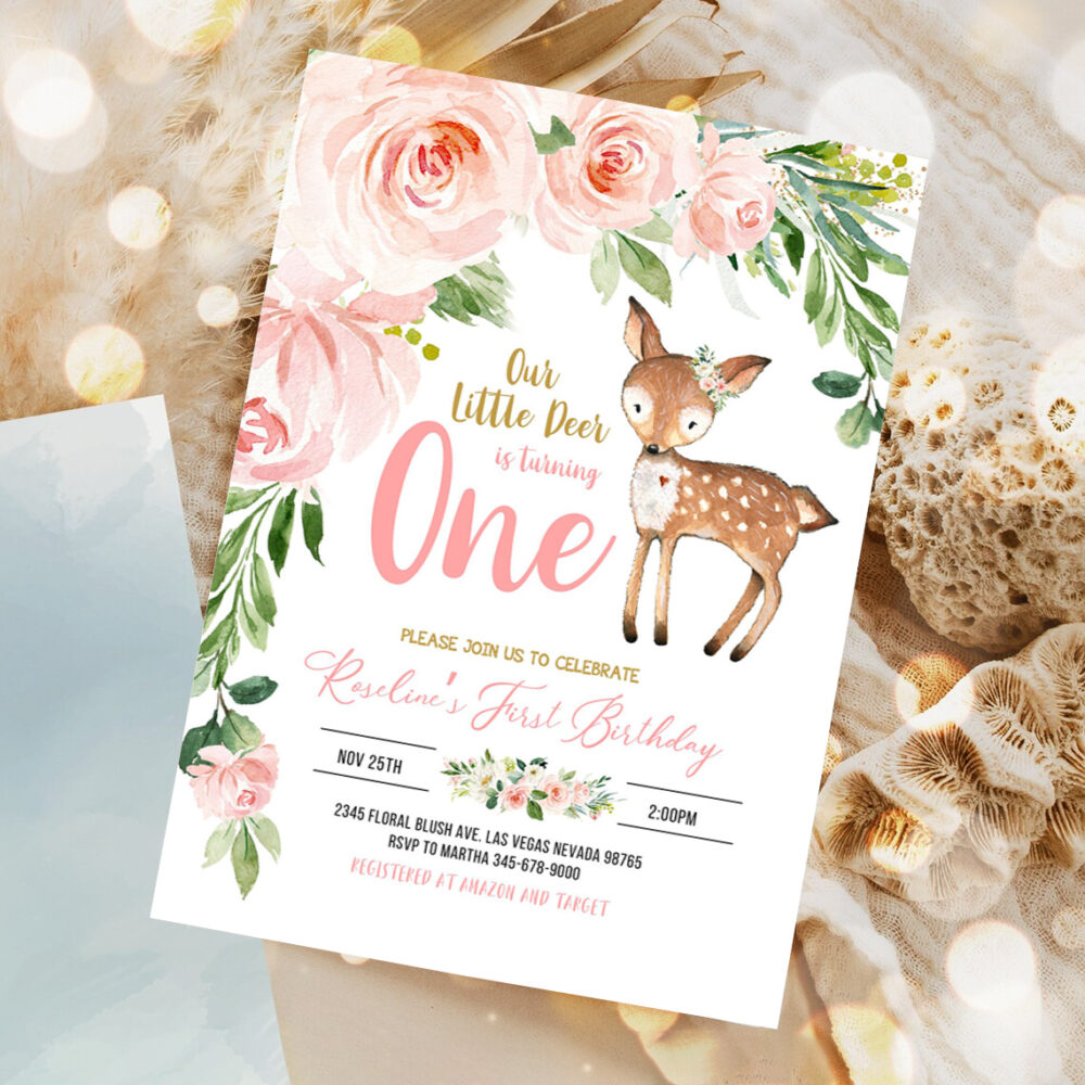 our little deer first birthday invitation woodland deer birthday invitations floral woodland invite editable template 1