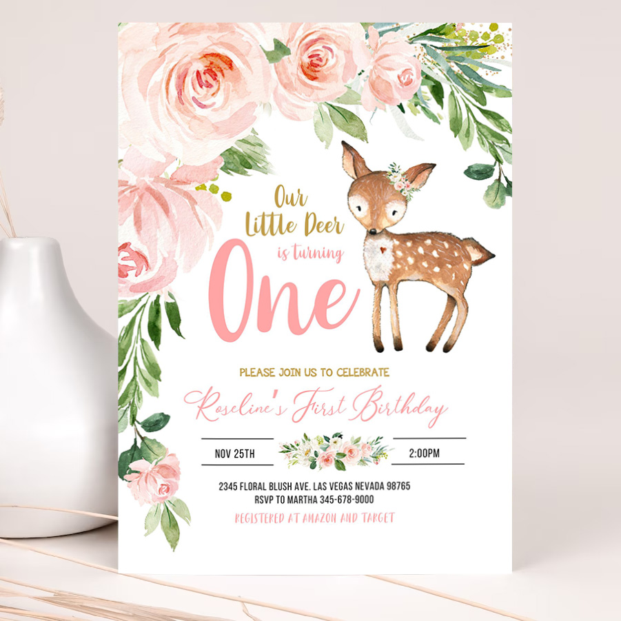 our little deer first birthday invitation woodland deer birthday invitations floral woodland invite editable template 2