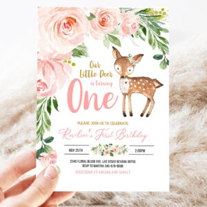 our little deer first birthday invitation woodland deer birthday invitations floral woodland invite editable template 3