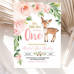 our little deer first birthday invitation woodland deer birthday invitations floral woodland invite editable template 5