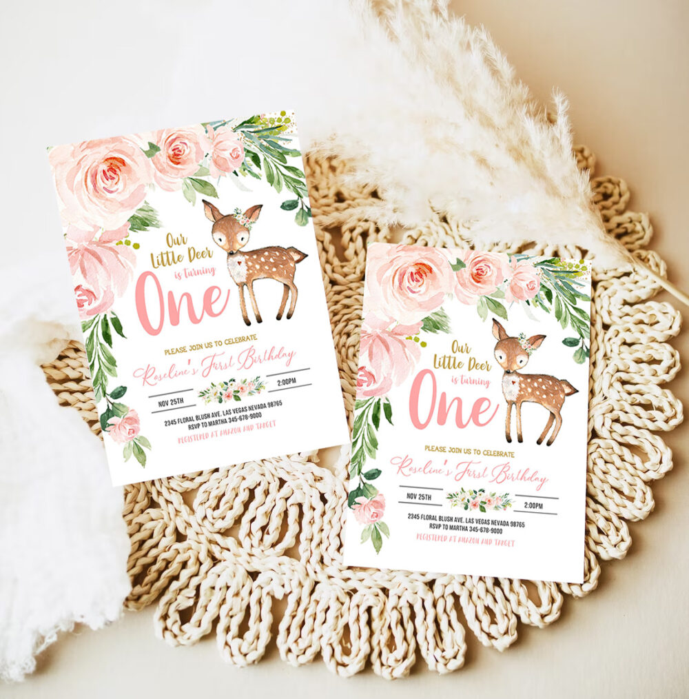 our little deer first birthday invitation woodland deer birthday invitations floral woodland invite editable template 7