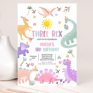 pastel dinosaur birthday invitation three rex dino invite baby boy girl kids 3rd birthday party stomp chomp roar rawr editable template 2