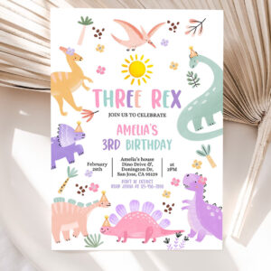 pastel dinosaur birthday invitation three rex dino invite baby boy girl kids 3rd birthday party stomp chomp roar rawr editable template 5