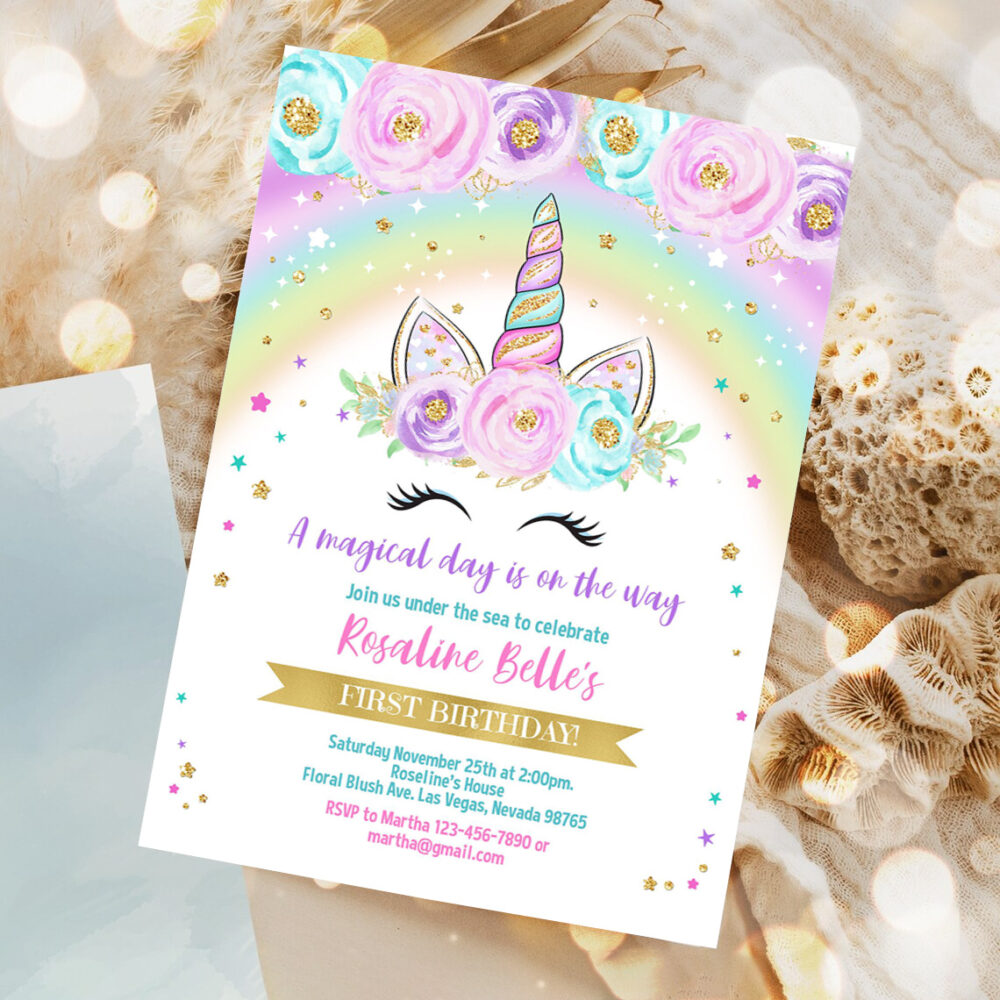 rainbow unicorn birthday invitation editable unicorn party floral magical unicorn invite unicorn and rainbow 1