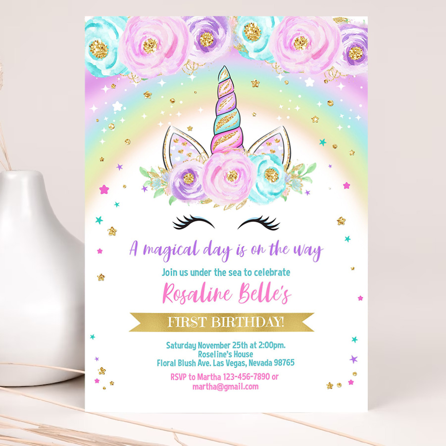 rainbow unicorn birthday invitation editable unicorn party floral magical unicorn invite unicorn and rainbow 2