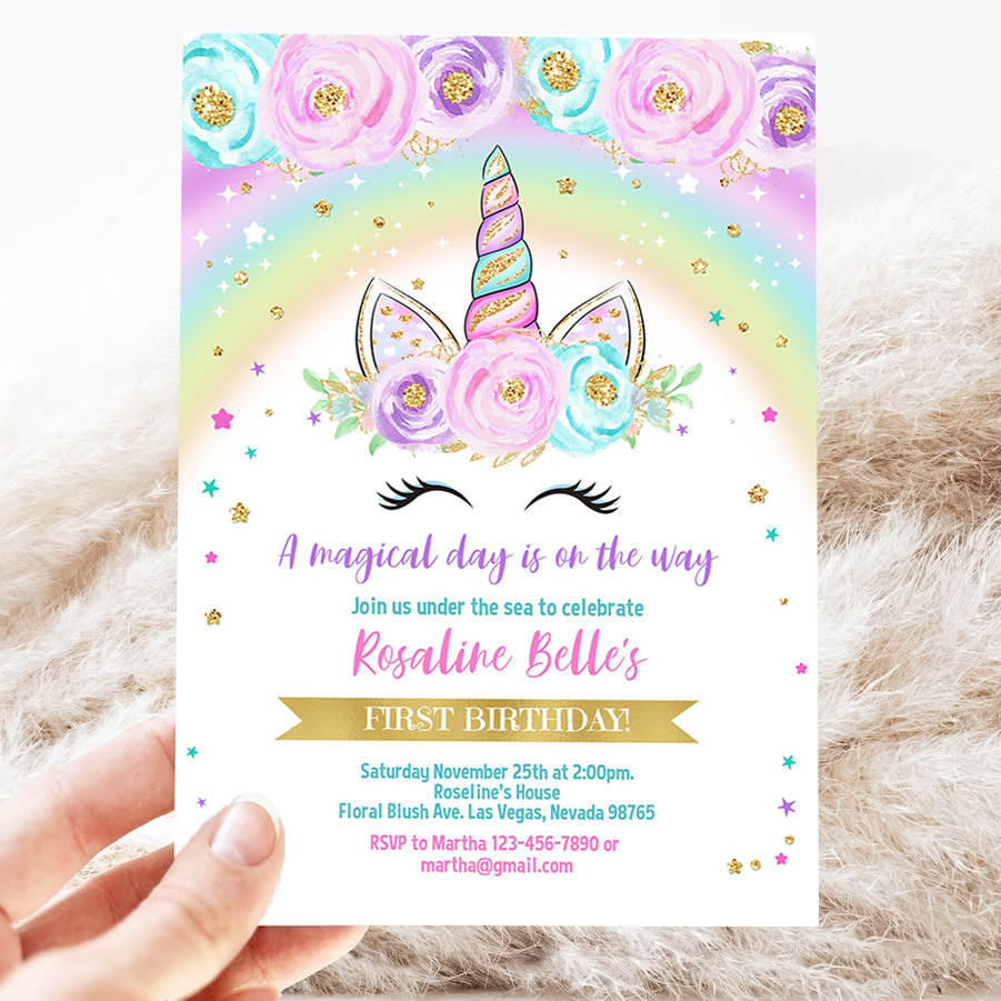 rainbow unicorn birthday invitation editable unicorn party floral magical unicorn invite unicorn and rainbow 3